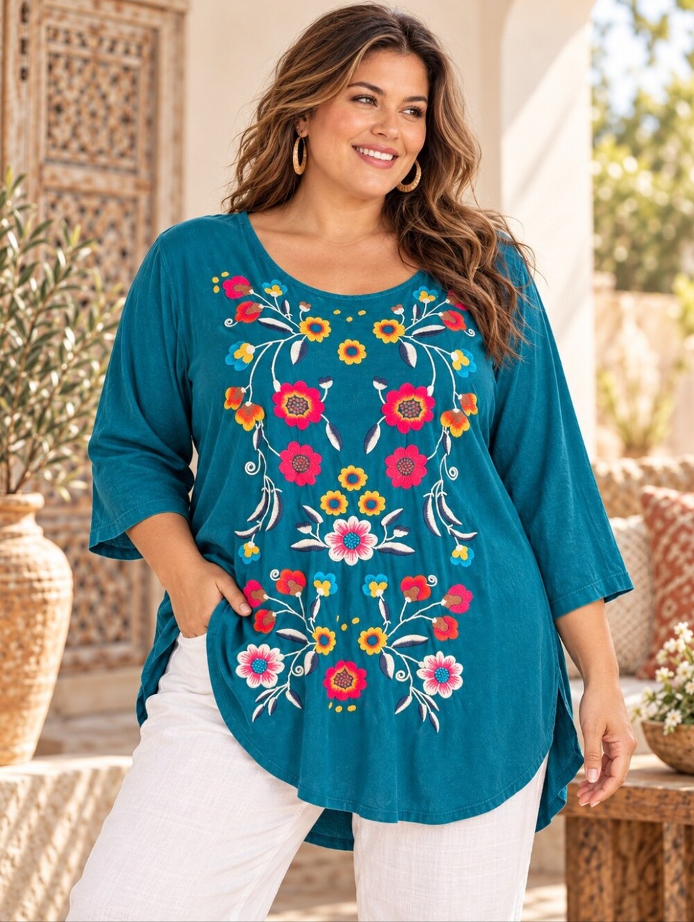 Johnny Was JW Los Angeles Size 2X Teal Embroidered Boho Tunic